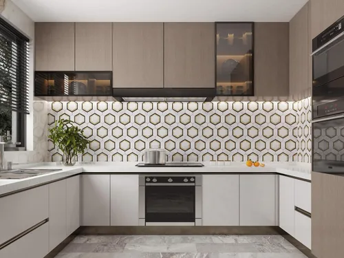 Vista 4 de Azulejos hexagonales para salpicaduras de pelar y pegar, mármol blanco con oro, PVC mezclado de metal de 10 hojas, azulejos hexagonales para cocina