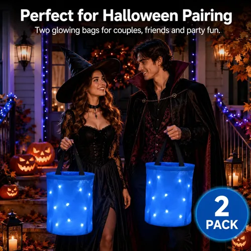 Vista 6 de Shappy 2 bolsas LED para dulces de Halloween, cubo con luz para dulce o Azul