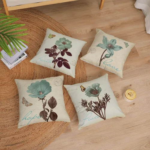 Vista 2 de Juego de 4 fundas de almohada decorativas con diseño floral, fundas de almohada lumbares de algodón y lino con hojas de loto, fundas de almohada