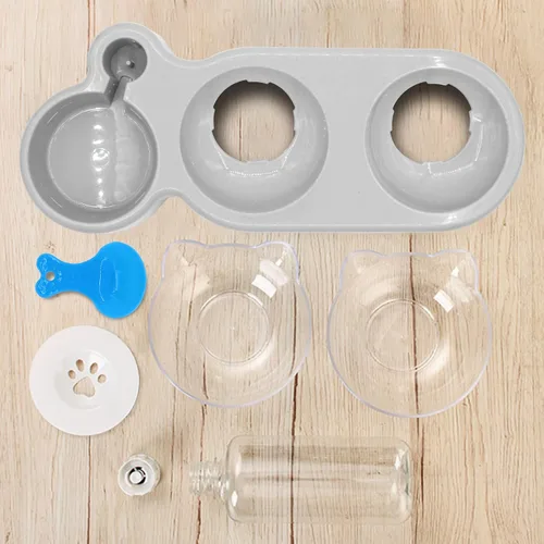 Vista 6 de Cuencos triples para gatos, alimentador de agua 3 en 1 y cuencos de comida con botella de agua automática, aptos para bigotes, platos de Plomo blanco