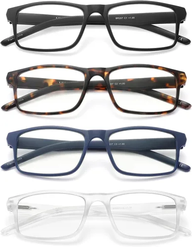 Vista 3 de Paquete de 4 lentes de lectura con bloqueo de luz azul para hombres y mujeres, marco rectangular para leer para computadora con bisagra de resorte