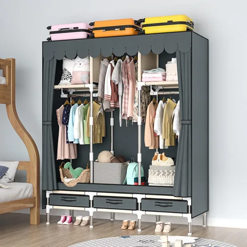 Vista 6 de Armario portátil con 3 cajones y 3 varillas para colgar, armario de tela para colgar ropa, funda gris, para ropa, ropa de cama, 51 pulgadas de ancho
