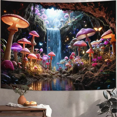 Vista 13 de Zussun Tapiz de hongo rojo, tapices de luna y estrella para dormitorio, estética de color beige, noche estrellada, planta verde, tapiz de pared