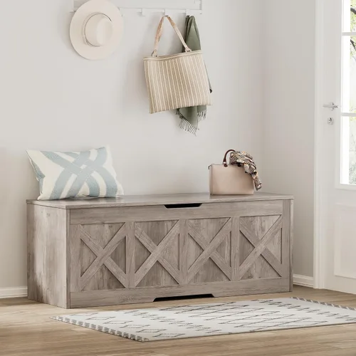 Vista 8 de Cofre de almacenamiento de madera extragrande de 47.2 pulgadas Gris beige