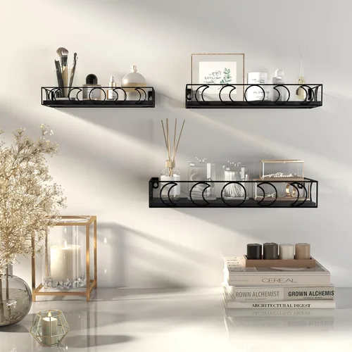 Vista 4 de PHAREGE Estantes Flotantes de Fases Lunares Negros, Juego de 3 Pequeños Estantes Decorativos de Pared para Almacenamiento de Libros y Plantas