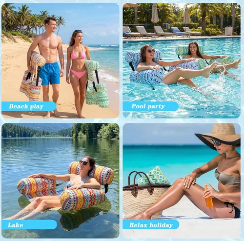 Vista 7 de Paquete de 3 flotadores inflables para piscina, sillas flotantes para adultos, hamaca ajustable, silla flotante de agua, natación, patrón de plantas