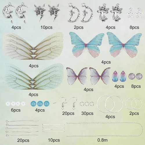 Vista 2 de SUNNYCLUE 1 caja de bricolaje 10 pares de dijes de alas de mariposa de hada, kits de fabricación de aretes de tela de organza, dijes de mariposas
