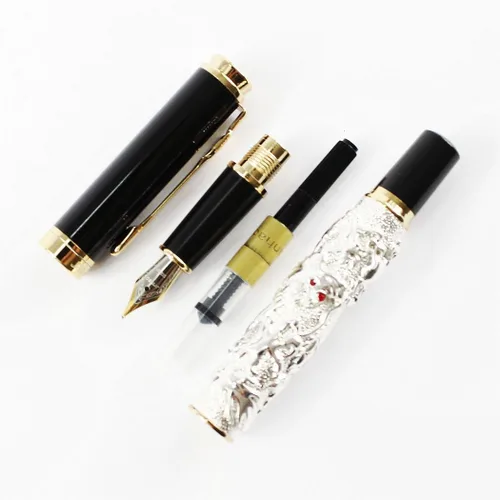 Vista 8 de Gullor Pluma estilográfica plateada con clip dorado y dragón auspicioso negro
