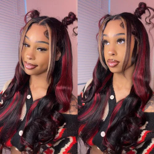 Vista 11 de abgese Peluca de cabello humano ondulado con reflejos rojos, pelucas de cabello humano ondulado con encaje frontal, densidad del 180 %, encaje