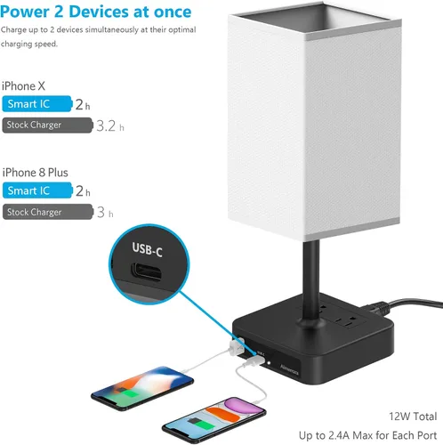 Vista 3 de Lámpara de mesa de noche con control táctil y puertos de carga USB C+A, lámpara de escritorio LED con 2 salidas de CA, luz minimalista para mesita