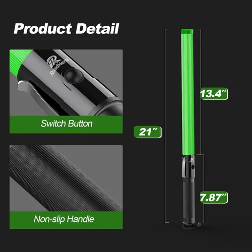 Vista 6 de RoadHero 1 paquete de varitas de tráfico de 21 pulgadas, bastón de control de tráfico LED verde, varita de luz de seguridad nocturna con 2 modos