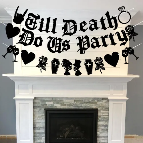 Vista 4 de Cartel de fiesta Black Till Death Do Us, cartel de fiesta en inglés antiguo, pancarta de fiesta de boda de Halloween, boda, despedida de soltera