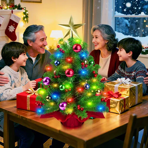 Vista 3 de Small Christmas Tree, 22 in Mini Tabletop Christmas Tree with Colored Ornaments Ball, Star Treetop, Red Berries and Cloth Bag Base,Artificial Xmas