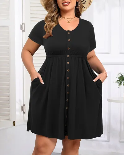Vista 92 de Holipick Vestidos de verano para mujer, talla grande, casual, con bolsillos, acampanado, con botones, sin mangas, cuello en V