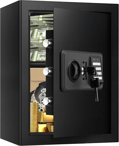 Vista 10 de Cajas fuertes pequeñas para uso doméstico, caja de seguridad digital con cerradura de combinación, llaves de repuesto y estante extraíble, caja