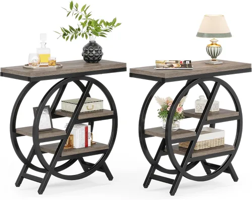 Vista 14 de LITTLE TREE - Mesa auxiliar estrecha con 4 niveles de gran espacio de almacenamiento, mesa de noche moderna para sala de estar, oficina en casa Gris