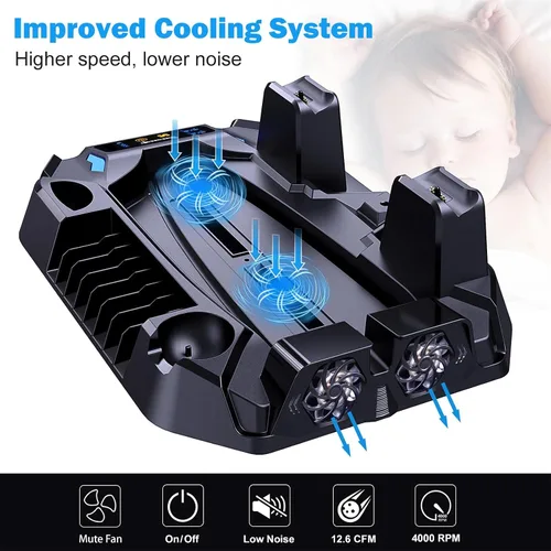 Vista 3 de Soporte para PS5 con 2 estaciones de refrigeración y estación de carga de doble controlador para consola PS5, edición digitaldisco, accesorios