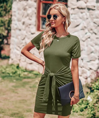 Vista 4 de BTFBM Vestido de manga corta para mujer cuello redondo fruncido entallado casual con lazo en la cintura liso para el sol la playa el verano
