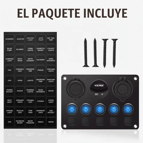 Vista 3 de Panel de Interruptores Basculantes Marinos de Barco de 5 Posiciones Azul Mejorado con Disyuntores, Panel de Interruptores Impermeable con Fusible