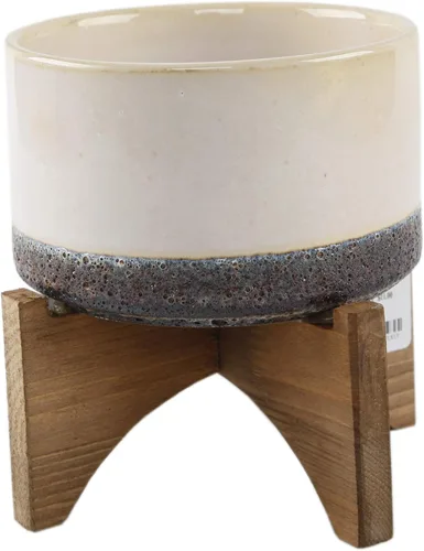 Vista 4 de Flora Bunda Mid Century - Soporte de cerámica de lava sobre madera, 5.1 pulgadas, color azul