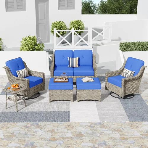 Vista 47 de HOOOWOOO Sofá de patio de 3 plazas de mimbre para exteriores, resistente a todo tipo de clima, con respaldo alto, muebles a juego (beige y bronceado)