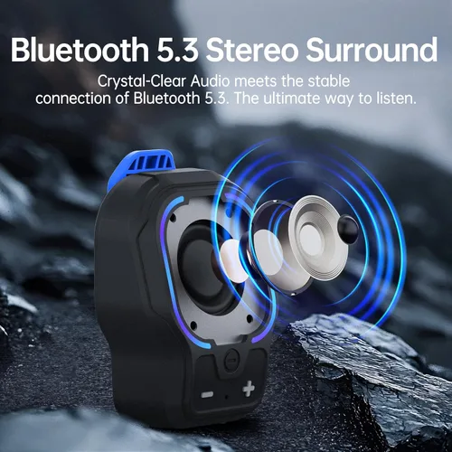 Vista 2 de Altavoz Bluetooth portátil, altavoz inalámbrico portátil con clip magnético, mini altavoz de sonido de alta fidelidad con 3 modos de luz, micrófono