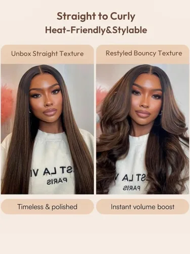 Vista 9 de UNICE Peluca balayage marrón con encaje frontal de 13 x 4 pulgadas, cabello humano Yaki lacio, pretodo, sin pegamento, precortadas, nudos