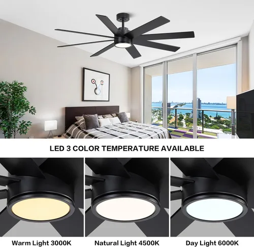 Vista 5 de WINGBO Ventiladores de techo CC grandes de 72 pulgadas con luces y control remoto, 3 varillas descendentes, 8 cuchillas de madera contrachapada