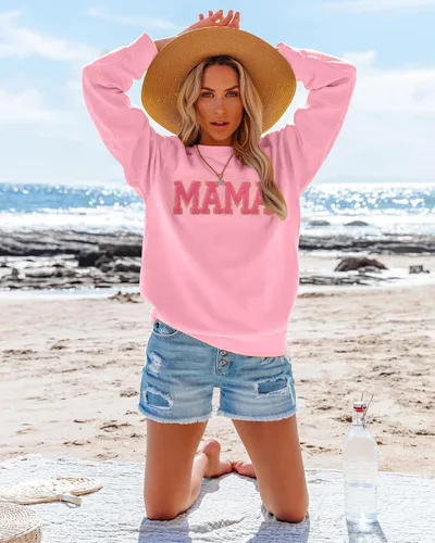 Vista 4 de SUPEYA Sudadera para mujer con parche de purpurina para mamá, camiseta con estampado de letras de mamá, manga larga, holgada, a la moda