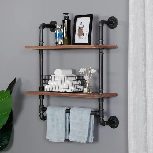 Vista 8 de Estante industrial de tubería para baño, estantes de pared montados en la pared, 2 niveles de 19.6 pulgadas de madera rústica, decoración flotante