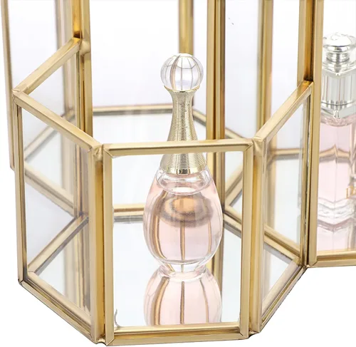 Vista 5 de Hipiwe Porta brochas de maquillaje de vidrio, 3 ranuras espejadas, organizador de brochas de cosméticos doradas, vitrina, caja de almacenamiento