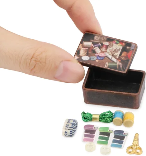 Vista 7 de Accesorios para casa de muñecas, kit de herramientas de costura en miniatura, accesorios para sala de coser, cesta de costura, modelo de simulación