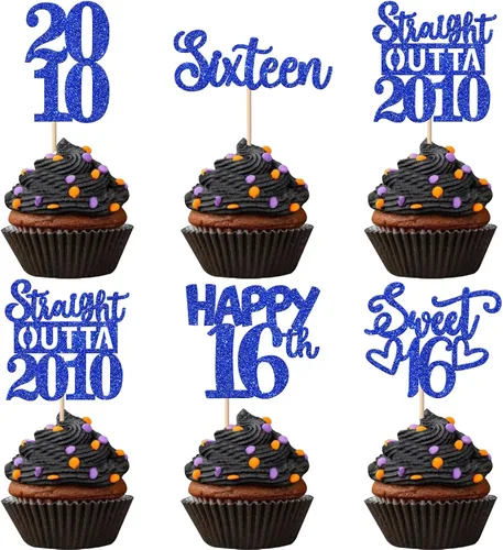 Vista 47 de 30 piezas negras para cupcakes de 10.º cumpleaños con purpurina Ten Happy 10 Straight Outta 2016 para saludos a 10 años 10 cumpleaños, boda Negro