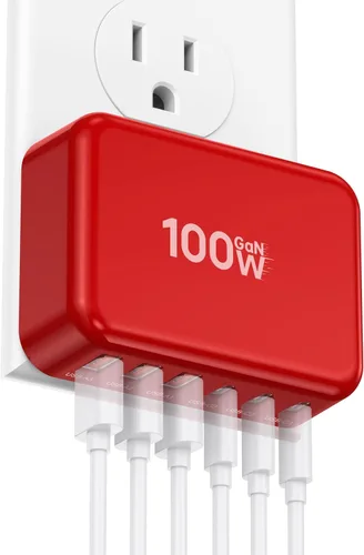 Vista 9 de Bloque de Carga Rápida, Cubo de Estación de Carga GaN de 6 Puertos USB C, Cargador de Pared de 100W de Tipo C de Múltiples Puertos con Enchufe