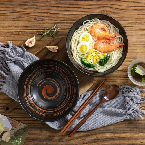 Vista 5 de YUN TAO Juego de 4 cuencos de ramen de cerámica negra de 35 onzas, cuencos de sopa profundos, cuencos japoneses asiáticos para fideos Pho para uso