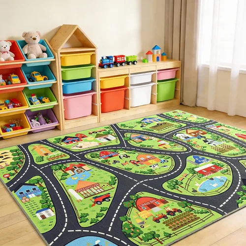 Vista 12 de Alfombras de juego de autos para niños, 36 x 60 pulgadas, tapete de juego de mapa de ruta urbano para jugar con autos, camiones, tapete de juego