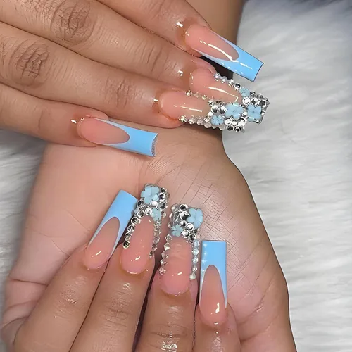 Vista 15 de MISUD Uñas a presión – Uñas cuadradas largas con pegamento rosa y negro, acrílico Y2K diseño de dijes de 24 piezas