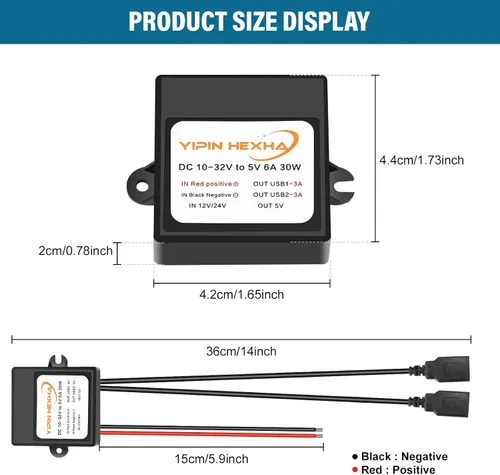 Vista 3 de 2 piezas DC 12V 24V a 5V 6A 30W adaptador de corriente con doble USB hembra convertidor reductor DC módulo buck
