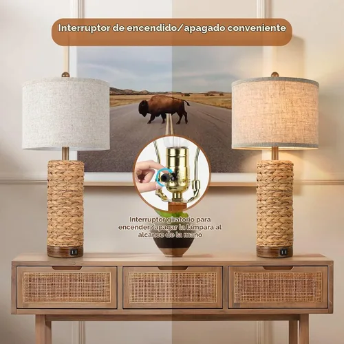 Vista 3 de Lámpara de mesa de ratán para sala de estar con 2 puertos USB, lámpara de mesa de dormitorio de 27 pulgadas de altura con base de sarga marina hecha