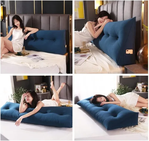 Vista 2 de Almohada triangular grande para cabecero, almohada de lectura para sentarse en la cama, respaldo y posicionamiento, cojín de cuña, azul, individual