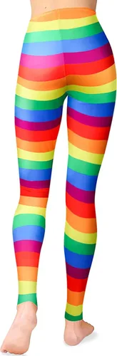 Vista 3 de GRAJTCIN Leggings de rayas arcoíris para mujer, pantalones de entrenamiento elásticos, mallas retro para cosplay de Halloween