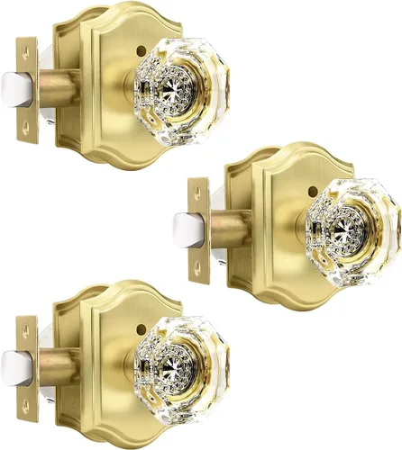 Vista 10 de Gobrico Juego de pomos de puerta de vidrio transparente para interiores, cerradura de puerta de cristal de diamante de privacidad en latón antiguo