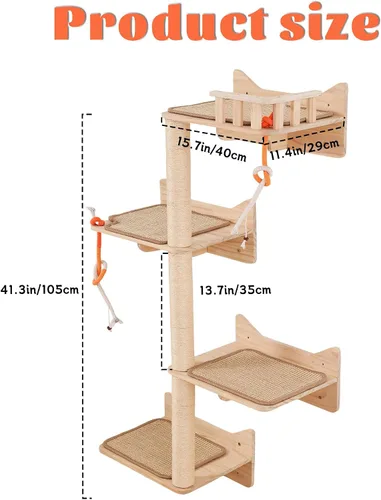 Vista 2 de Árbol para gatos montado en la pared, 7 estantes y perchas de pared para gatos con postes rascadores altos de sisal, árbol de escalada para gatos