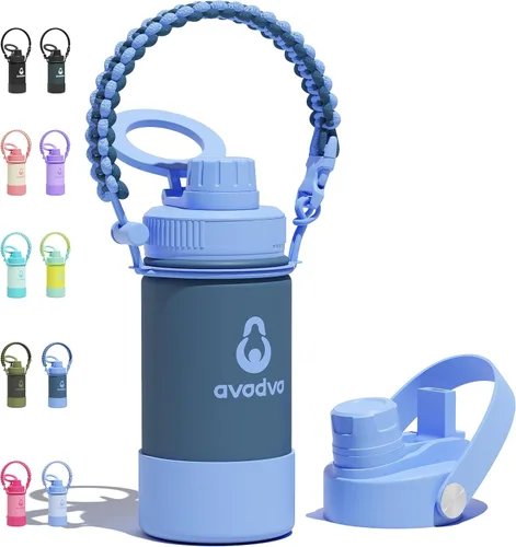 Vista 10 de Botella de agua aislada de 12 onzas con 2 tapas (tapa de popote y boquilla 2 en 1, tapa magnética), botella de agua para niños con correa, botella