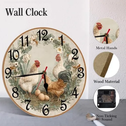 Vista 5 de Reloj de madera retro con corona de pollo, 10 pulgadas, funciona con pilas, reloj de pared sin tictac, relojes de decoración de gallinero de madera