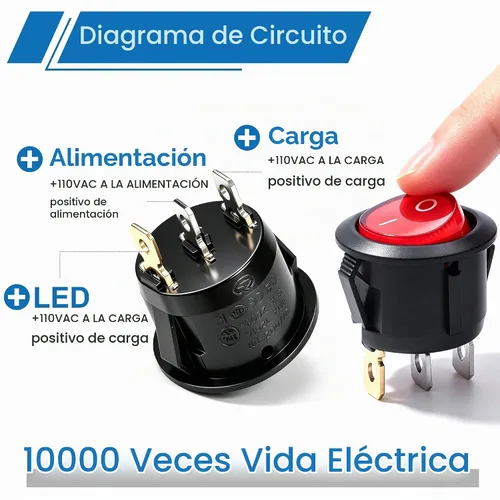 Vista 3 de mxuteuk 5 unids Snap-in AC110/120V Interruptor basculante redondo iluminado Interruptor de alimentación de palanca de barco Luz roja SPST ON-Off 3