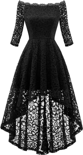 Vista 2 de Dressystar Vestido tipo cóctel, de encaje, para mujer, vestido irregular con vuelo y hombros descubiertos, para dama de honor, fiesta formal