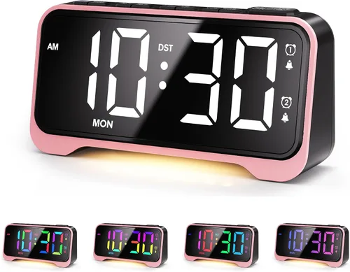 Vista 10 de Mesqool Reloj despertador súper fuerte para dormitorios, modo de fin de semana/día de la semana, atenuador, repetición, 12/24 horas, horario de Negro
