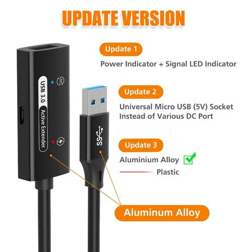Vista 2 de AGVEE Cable de extensión activo USB 3.0 de 66 pies / 65.6 ft, USB3.0 macho a hembra, extensor de señal ultra largo, cable de refuerzo de señal