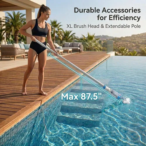 Vista 4 de Consciot Aspiradora de piscina para piscina sobre el suelo y piscina enterrada, limpiador de mano recargable con poste telescópico, succión de 18.5